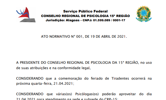 Conselho Regional De Psicologia 15ª Região Ato Normativo Nº 001 De 19 De Abril De 2021 7430